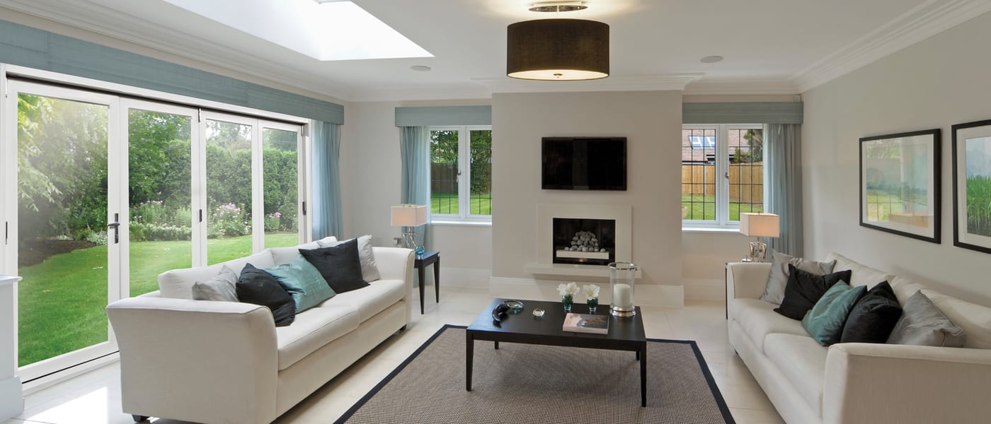 Modern living room with patio doors and natural light