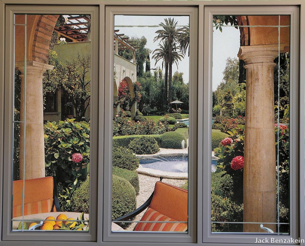 Triple casement window Mediterranean courtyard