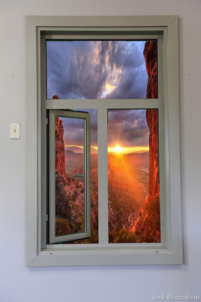Casement window canyon sunset view